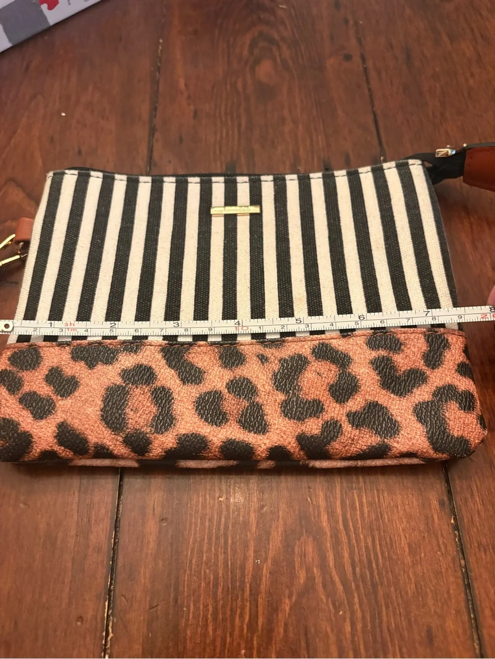 Striped Canvas Wristlet Clutch with Leopard Accent - Black, Brown